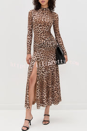 Revina Mesh Leopard Print Mock Neck Gathered Waist Long Sleeve Stretch Midi Dress