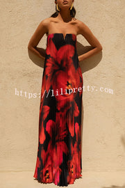 For Every Occasion Satin Pleated Floral Print V-wire Bandeau Neck Maxi Dress