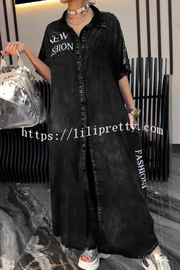 Fashion Letter Print Lapel Cardigan Loose Maxi Dress