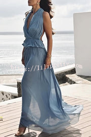 Pure Lightness Chiffon Pleated Halter Backless Top and Elastic Waist A-line Maxi Skirt Set