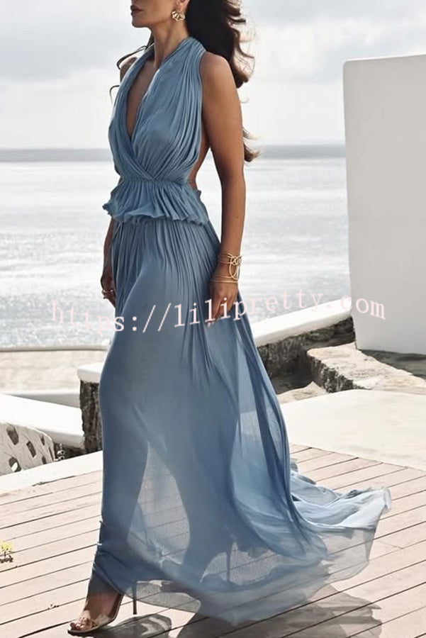 Pure Lightness Chiffon Pleated Halter Backless Top and Elastic Waist A-line Maxi Skirt Set