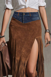 Fashionable Denim Suede Patchwork Spliced slit Fringed Hem Extra-long Midi Skirt