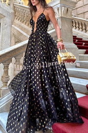 Charming View Chiffon Gold Polka Dot Print Cutout Lightweight Maxi Dress