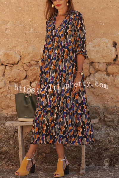 Multicolor Color Block Print V-neck Loose Resort Midi Dress