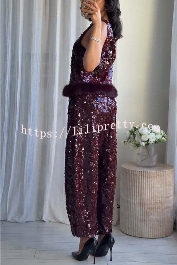 Gala Goddess Sequin High Rise Zipper Waist Wide Leg Pants