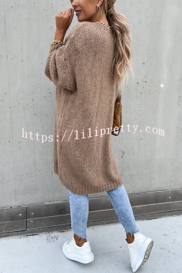 Solid Color V-neck Knitted Long-sleeved Oversized Midi Cardigan