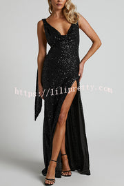 All The Sparkle Sequin Cowl Neck Backless Slit Stretch Maxi Dress