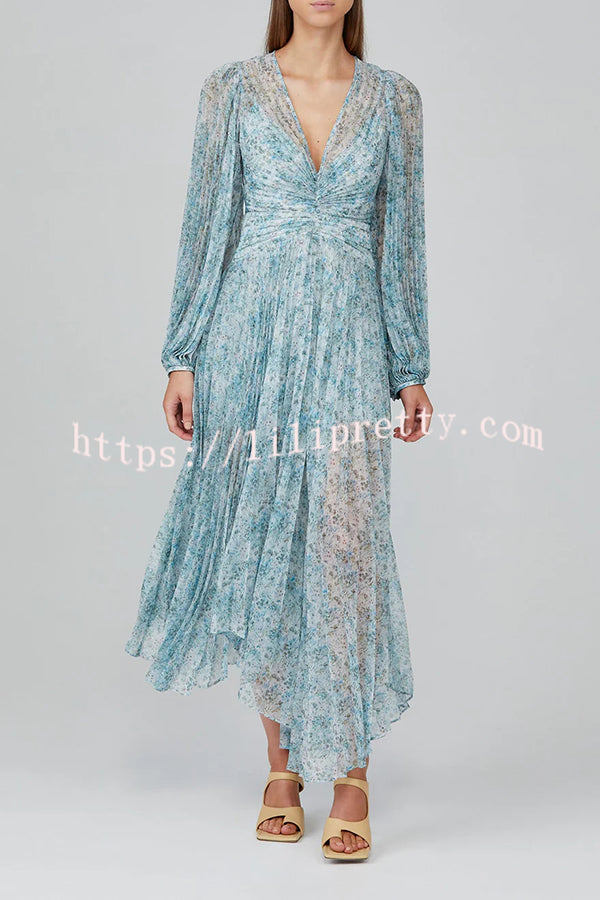 Dreamy Seaside Floral Balloon Sleeve Pleated Lightweight Maxi Dress