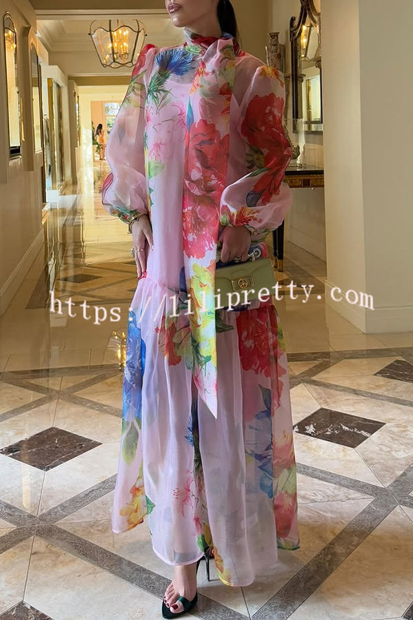 Garden Blooms Organza Floral Print Tie-up Neck Balloon Sleeve Loose Maxi Dress