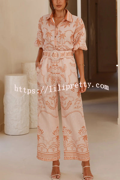 Linen Blend Lapel Puff Sleeve Loose Shirt and Casual Pocket Straight Pants Set