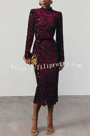 Diane Velvet Embroidered Floral Lace Long Sleeve Belt Scallop Edge Midi Dress