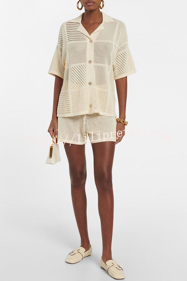 Casual Knitted Hollow Shirt Top and Elastic Waist Tie Loose Shorts Set