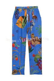 Unique Print Lapel Long Sleeve Loose Shirt and Elastic Waist Pocket Wide Leg Pants Set