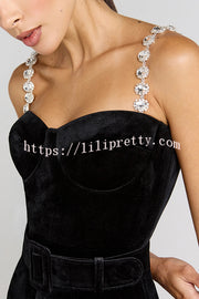 Eliza Luxurious Velvet Fabric Jewel-embellished Shoulder Straps Belted Flare Jumpsuit