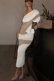Soft Autumn Knit Colorblock High Rise Elastic Waistband Stretch Midi Skirt