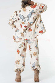 Angel Wings Denim Unique Print Button Up Long Sleeve Pocketed Relaxed Jacket