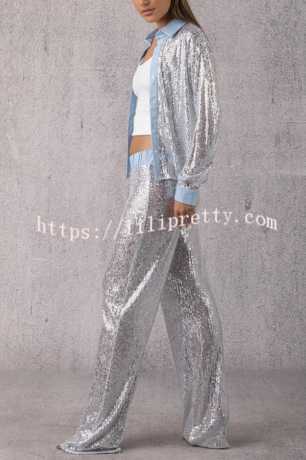 Fashion Sequined Loose Long-sleeved Shirt and Casual Elastic Waist Wide-leg Pants Set