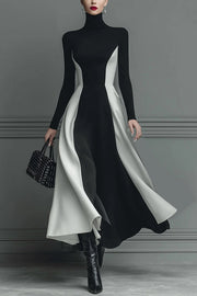 Stylish Color-blocked Turtleneck Long-sleeved Slim-fit Midi Dress