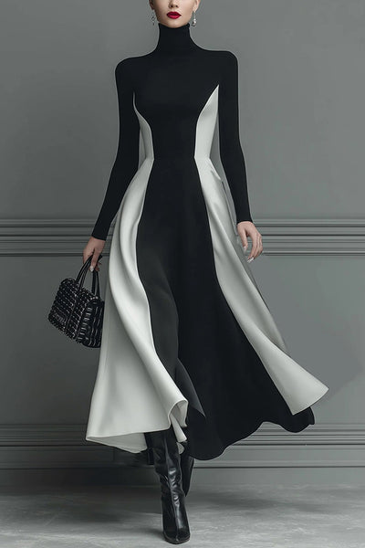 Stylish Color-blocked Turtleneck Long-sleeved Slim-fit Midi Dress