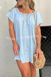 Fashionable Off Shoulder Short-sleeved Loose Denim Mini Dress