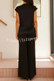 Brylee Satin Wrap Drape Style Top and Elastic Waist Pocket Wide Leg Pants Set
