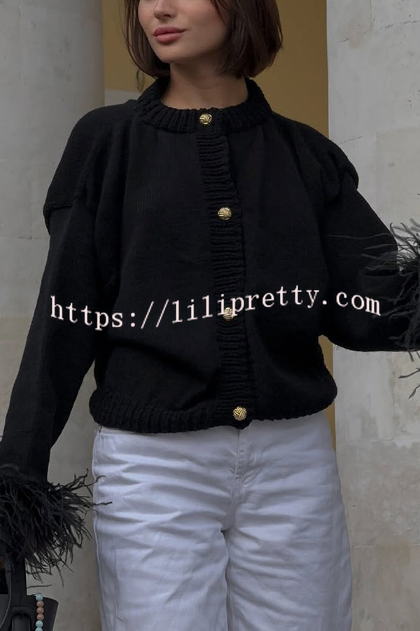 Solid Color Elegant Feather Long Sleeve Casual Knitted Cardigan
