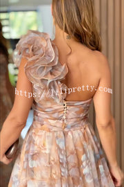 Romantic Ball Chiffon Floral One-shoulder Pleated Design Back Lace-up Gown Maxi Dress