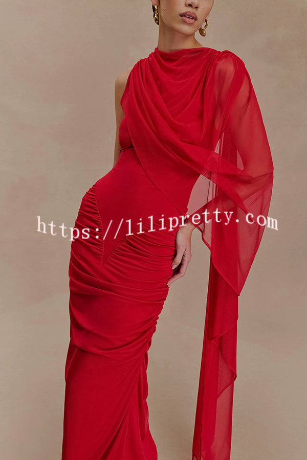 Fashionable Mesh Shawl Sleeveless Slim Fit Pleated Maxi Dress