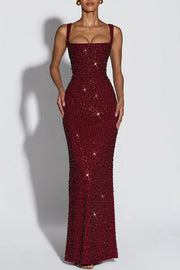 Calanthe Sequin Embellished Chiffon Ruched Square Neck Back Lace-up Maxi Dress