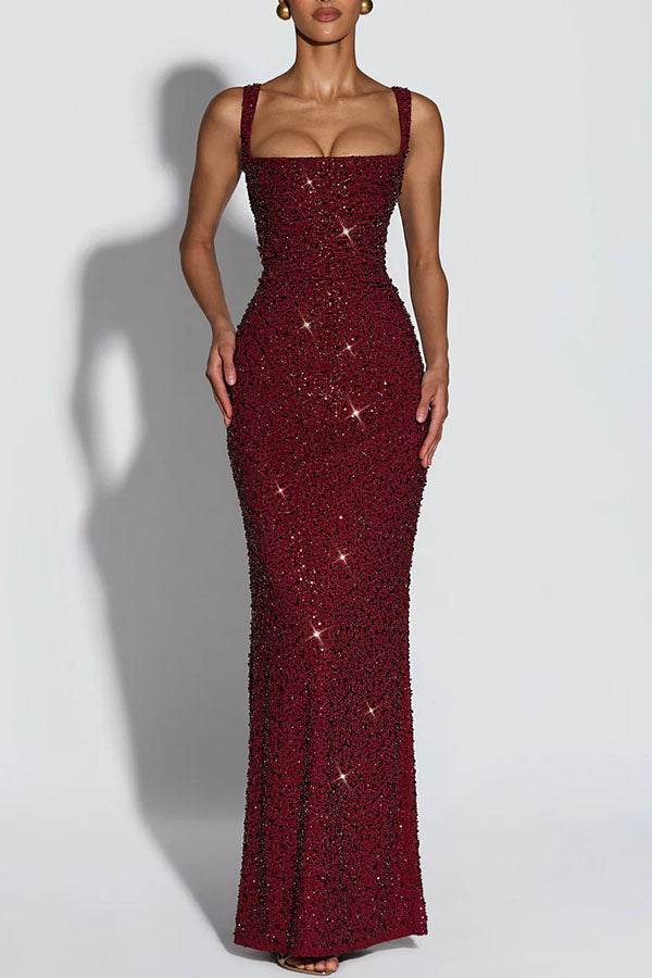 Calanthe Sequin Embellished Chiffon Ruched Square Neck Back Lace-up Maxi Dress