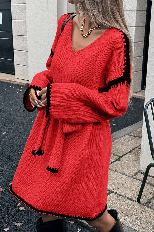 Stylish Loose-fitting Long-sleeved Tie-waist Knit Mini Dress