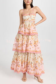 Charming Smile Floral Print Scalloped Lace-trim Back Tie-up Tiered Maxi Dress