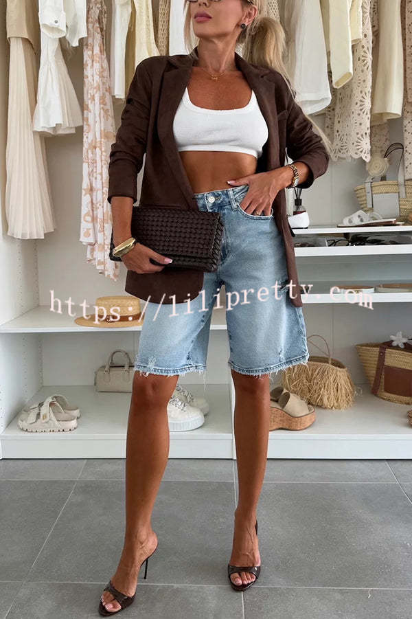 Fashion Denim Pocket Frayed Bermuda Shorts