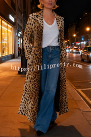 Leopard Print Long Sleeve Pocket Casual Maxi Trench Coat