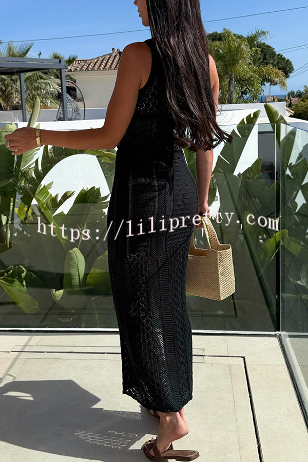 Solid Color Sleeveless Hollow Knit Crop Top and Elastic Slit Slim Midi Skirt Set
