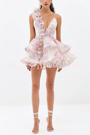 Floral Print V-neck Halter Back Tie Double Layer Mini Dress