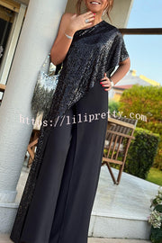Party Favors Sequin One Shoulder Ruffle Detail Wide Leg Evening Jumpsuit