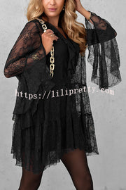 Feeling Lighthearted Lace Ruffle Neck Bell Sleeve Layered Hem A-line Mini Dress