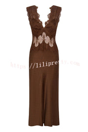 Wonderful Fusion Satin Lace Trim Poka Dot V-neck Drape Maxi Dress