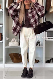 Fashion Plaid Print Lapel Long Sleeve Loose Zipper Jacket