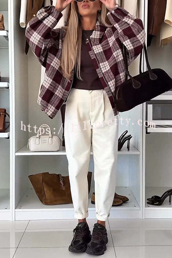 Fashion Plaid Print Lapel Long Sleeve Loose Zipper Jacket