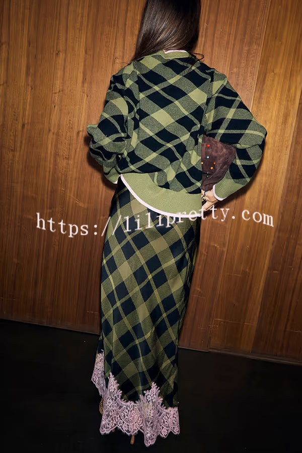 Holiday Plaid Knit Color-blocked Trim Button Long-sleeved Loose Cardigan