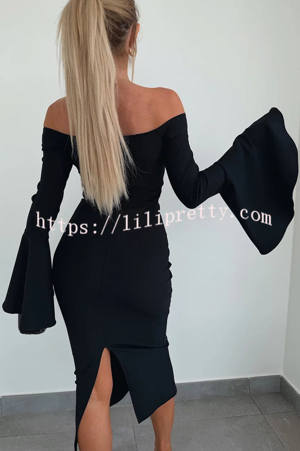 Solid Color Sexy Off-shoulder Trumpet Sleeve Slim Midi Dress