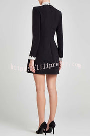 Lovers Kiss Pearl Trim High Neck Long Sleeve Pocketed Tulip Mini Dress