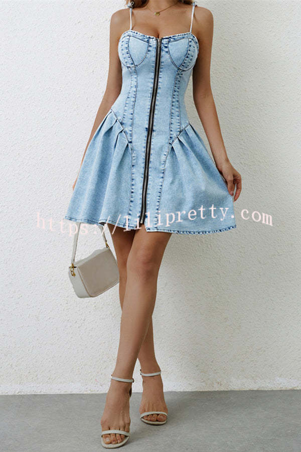 Fashionable Patchwork Suspender Zipper Slim Denim Mini Dress