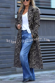 Leopard Affair Animal Print Epaulettes Long Sleeve Pocketed Lapel Midi Trench Coat