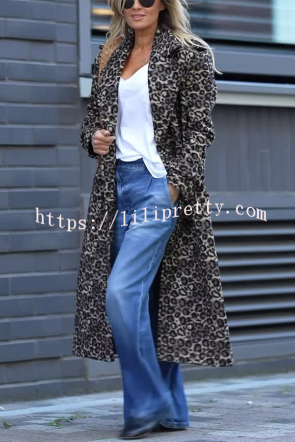 Leopard Affair Animal Print Epaulettes Long Sleeve Pocketed Lapel Midi Trench Coat