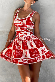 Holiday Colors Ric Rac Trims Unique Print Cutout Round Neck Mini Dress