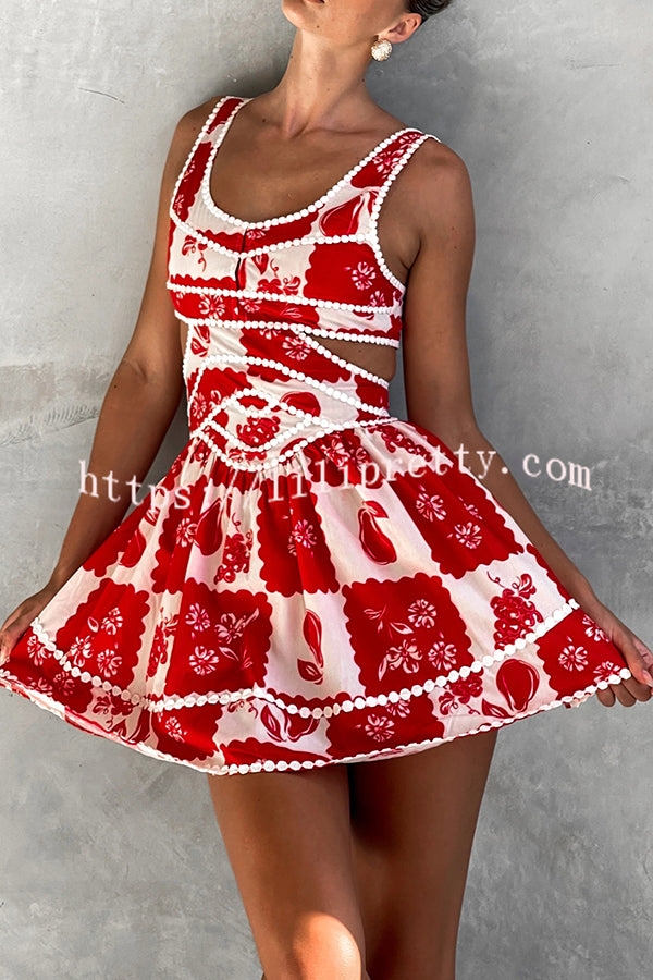 Holiday Colors Ric Rac Trims Unique Print Cutout Round Neck Mini Dress