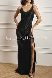 Elegant Splicing Lace Suspenders V-neck Sexy Slit Maxi Dress